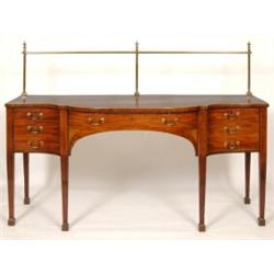 A George III Mahogany Sideboard, having a brass rail above a central bow front section, with boxw...