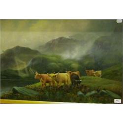 J*** B*** Russell, highland cattle, oil on canvas, signed, 50 x 76 cm  £70-100...
