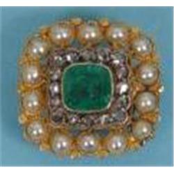 A Seed Pearl Diamond and Emerald Brooch, in a square yellow metal setting  £80-120...