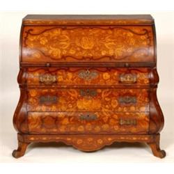A 19th Century Dutch Oak Cylinder Bombe Bureau, marquetry inlaid with flowers, foliage, birds and...