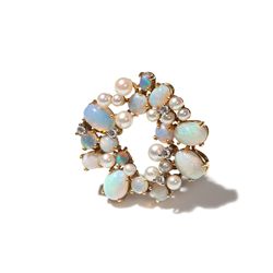 18 carat Gold Brooch with Opals, Diamonds & Akoya-pearls, 1950