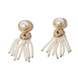 Gold Ear Clips with 70 Diamonds, 2 Rubies & Pearl