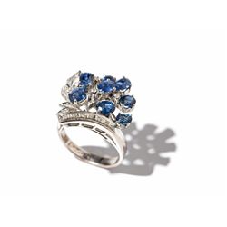 Sapphire and Diamond Ring of 8C White Gold, around 1970