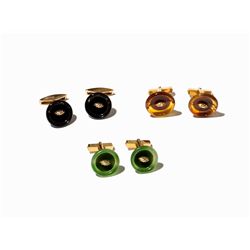 Jewelry Wilm, 3 Pair of Cufflinks with Jade, Agate and Onyx