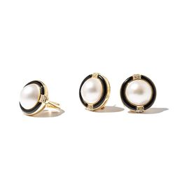 Ear Clips and Matching Ring with Mabe Pearl, Onyx & Diamonds