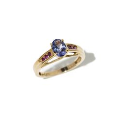 14 Carat Yellow Gold Ring with Sapphire and Rubies, China, 90s