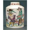 Image 1 : BRITISH POTTERY - A creamware cylindrical caddy, painted in polychrome with a somewhat elderly C...