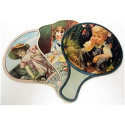 LOT OF 3 VINTAGE FANS WITH ADVERTISEMENTS ON THE BACK