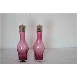 2 CRANBERRY GLASS CRUETS S SALT & PEPPER FROM CRUET SET