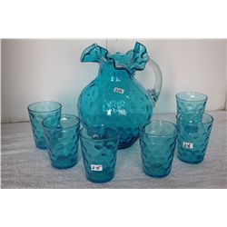 BLUE GLASS PITCHER & GLASSES