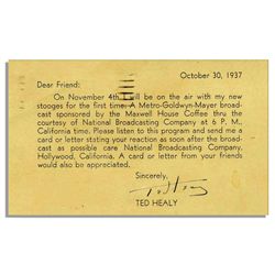 Ted Healy Signed Postcard -- 1937 -- ''...I will be on the air with my new Stooges for the first tim