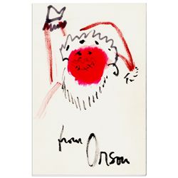 Orson Welles Signed Drawing -- What Looks to Be a Sketch of Himself as Santa Claus -- Watercolor & I