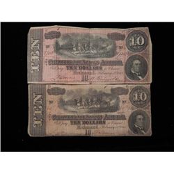 2 Different Confederate Paper Money $10 - Richmond 1864
