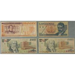 4 Pcs Mexico Paper Money 10, 2000, 5000 Pesos 1987-92