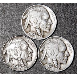 3 Buffalo Nickels 1934-D 1936-D 1938-D Coins RARE