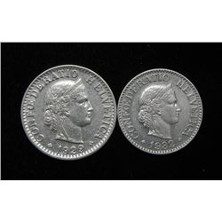 2 Gem Unc Choice Swiss 10 + 20 Rappen Coins 1932 + 1929