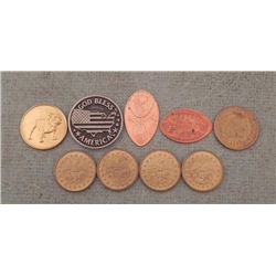 Lot of 9 Medal, Tokens, Elongates -Patriotic, Railroad