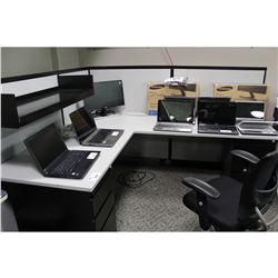 STEELCASE GREY AND BLACK 7' X 6' CORNER WORKSTATION C/W OVERHEAD SHELF