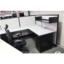 STEELCASE GREY AND BLACK 7' X 6' CORNER WORKSTATION C/W OVERHEAD SHELF