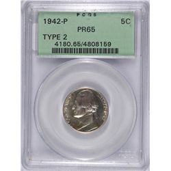 1942-P TYPE-2 JEFFERSON SILVER NICKEL, PCGS  PROOF-65  RARE!!