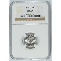 1945-D MERCURY DIME, NGC MS-67 BLAST WHITE!