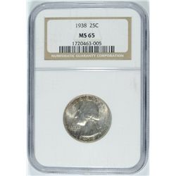 1938 WASHINGTON QUARTER NGC MS65 MOSTLY WHITE