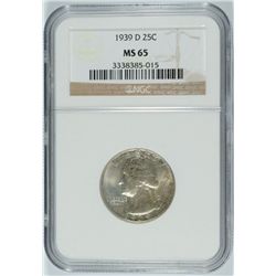 1939 D WASHINGTON QUARTER NGC MS65 MOSTLY WHITE