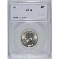 1947 WASHINGTON QUARTER, SEGS MS-65 GEM