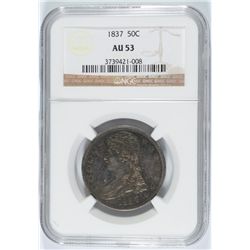 1837 REEDED EDGE HALF DOLLAR, NGC AU-53  NICE COLOR!