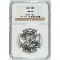 1964 KENNEDY HALF DOLLAR, NGC MS-65