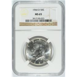 1964-D KENNEDY HALF DOLLAR, NGC MS-65