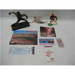 Lot of 3  Sports Figurines, 1995 Autographed Cincinnati Reds Ticket Stub, & Other Sports Memorabilit