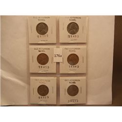 6-Old Jefferson Nickels 1939 D, 40 D, 41 D, 46D, 47D, 59 D