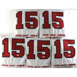 Lot of (5) Magic Johnson Signed Team USA Stat Jerseys (PSA COA)