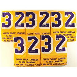 Lot of (5) Magic Johnson Signed Lakers Stat Jerseys (PSA COA)