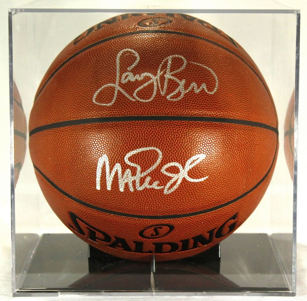 Larry Bird Magic Johnson Signed Basketball With Display Case