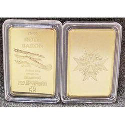 THE RED BARON 1 TROY OZ. .999 GOLD CLAD INGOT BAR