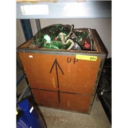 Wood box of Christmas decorations & lights