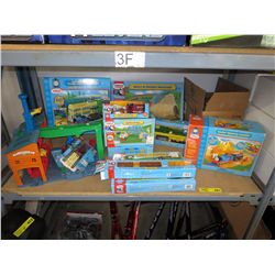 Shelf lot of Thomas & Friends railroad toys