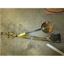 Brass fireplace tools & saucepan