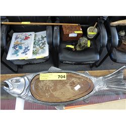Cast metal fish platter with wooden center