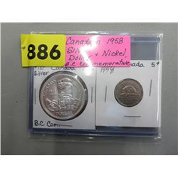 1958 Canadian Silver Dollar & Nickel