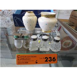 2 Miniature china vases & 4 salt & peppers