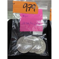 3 Canadian $1 coins - 1970, 71, 72