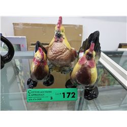 3 Vintage glazed ceramic roosters