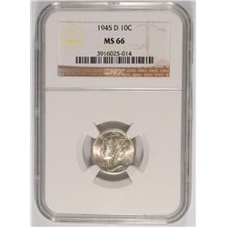 1945-D MERCURY DIME, NGC MS-66 BLAST WHITE!