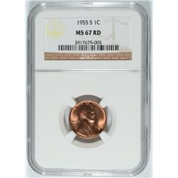 1955-S LINCOLN CENT, NGC MS-67 RED! RARE!
