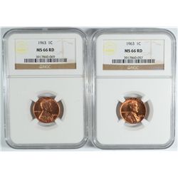 ( 2 ) 1963 LINCOLN CENTS, NGC MS-66 RED! RARE!  MS-67 GO FOR $3000.00 EACH!