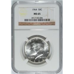 1964 KENNEDY HALF DOLLAR, NGC MS-65