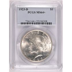 1923-D PEACE SILVER DOLLAR, PCGS MS-64+ BLAST WHITE, LOOKS MS-65 TO US
